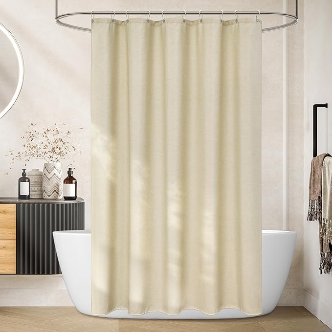 Heavyweight Beige Fabric Shower Curtain Short 60 x 66 inch, Water-Resistant Faux Linen Polyester Farmhouse Shower Curtain, Boho Chic Small Bathroom Curtain for Rv Camper Trailer