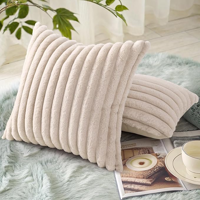 decorUhome Faux Fur Throw Pillow Covers 22x22 Set of 2, Decorative Soft Plush Striped Neutral Couch Euro Pillow Covers with Velvet Back for Sofa, Bed, Living Room Home Decor, Beige