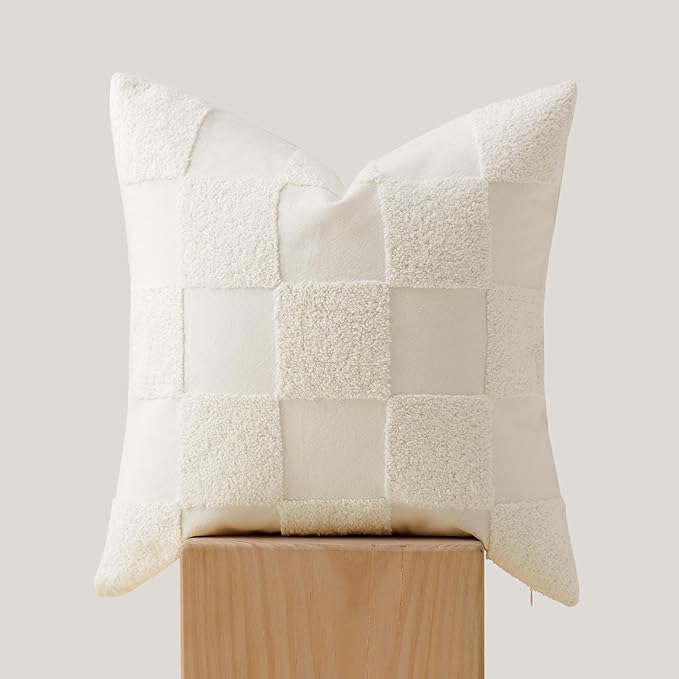 Double Stitch Checkered Throw Pillow Covers - 100% Cotton Tufted Boho Decorative Pillow Covers 20x20, Made in India, Square Plaid Cushion Case, Modern Home Decor for Couch, Sofa, Living Room, Cream