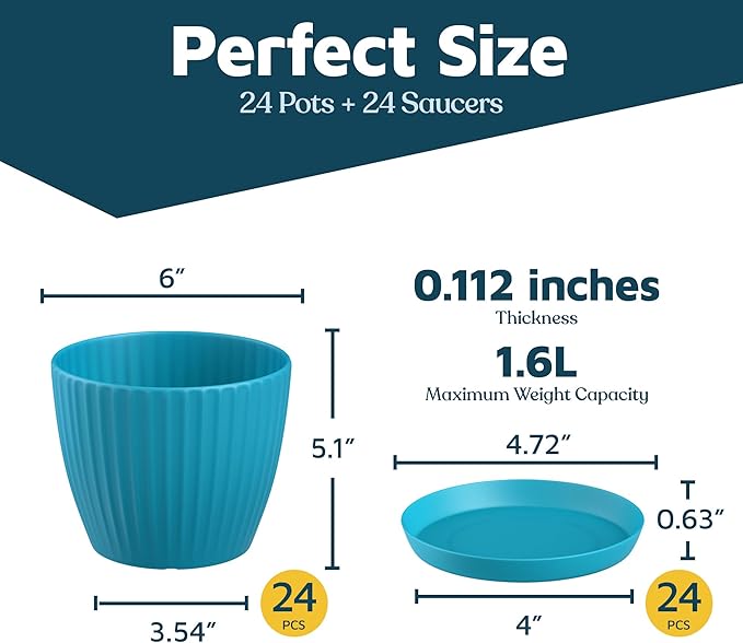 Blue 6-Inch Plant Pots with Drainage & Saucers 24 Pack, Indoor & Outdoor Planters for Houseplants, Herbs, and Flowers, Durable & Weatherproof Material, Stackable, Lightweight, Minimalist Design