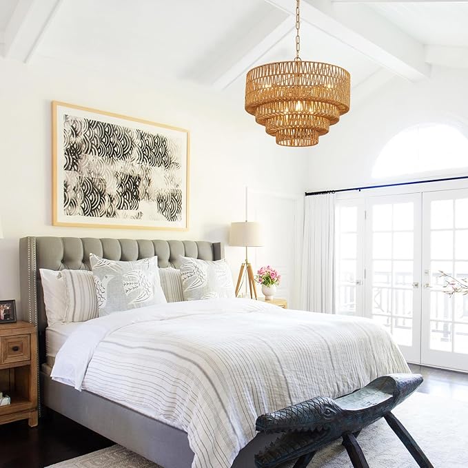19.7" Boho Rattan Chandelier Vintage 6-Light Farmhouse Hand-Woven Bamboo Chandelier Light Fixture Rustic Drum Wicker Golden Chandeliers for Dining Room, Kitchen Island, Bedroom, E12
