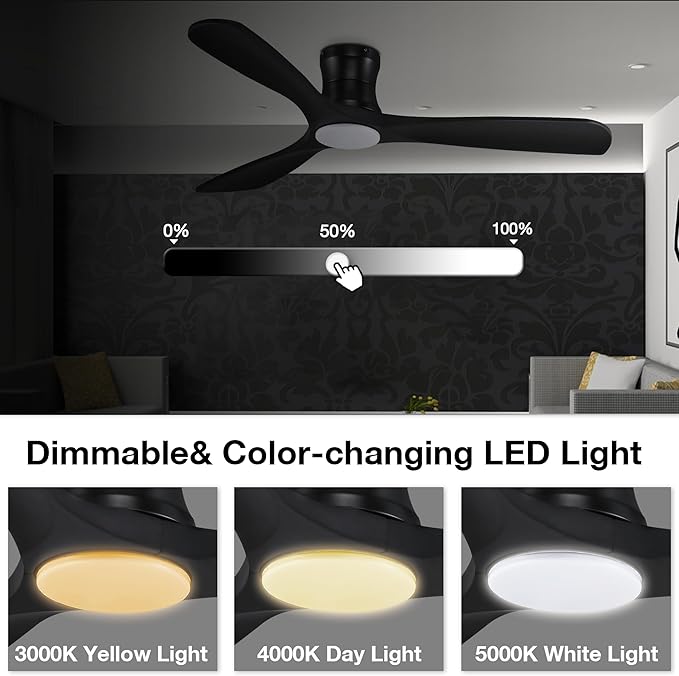 52” Smart Wood Low Profile Ceiling Fan with Lights Remote,Quiet DC Motor,Outdoor Indoor Flush Mount Ceiling Fans Controlled by WIFI Alexa App,Modern Black for Bedroom Living Room Patio Porch