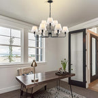 Black Chandeliers for Dining Room with White Fabric Shades,33”Light Fixture Chandelier,9-Lights foyer chandeliers for high ceilings,2 Tiered Lantern Farmhouse Pendant Light for Living Room,Entryway