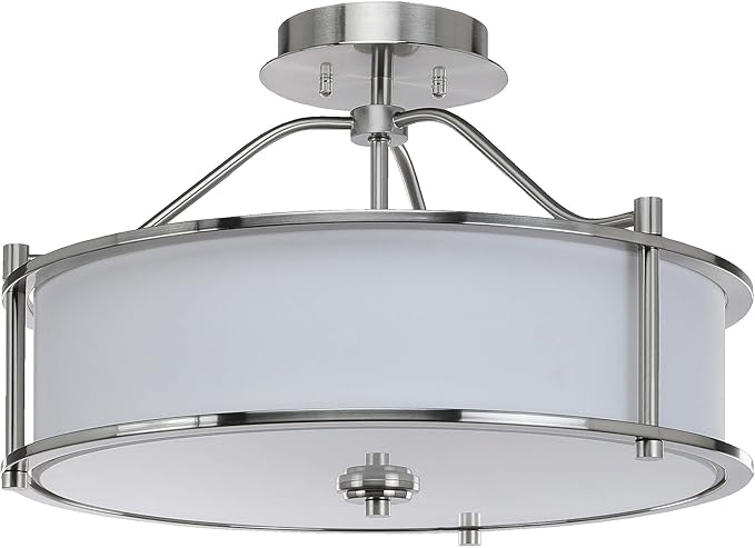 XiNBEi Lighting Semi Flush Mount Ceiling Light 18 inch 3 Light Close to Ceiling Light with Fabric Shade and Glass Diffuser, Brushed Nickel Drum Semi Flush Light for Dinning & Bedroom XB-SF1199-BN