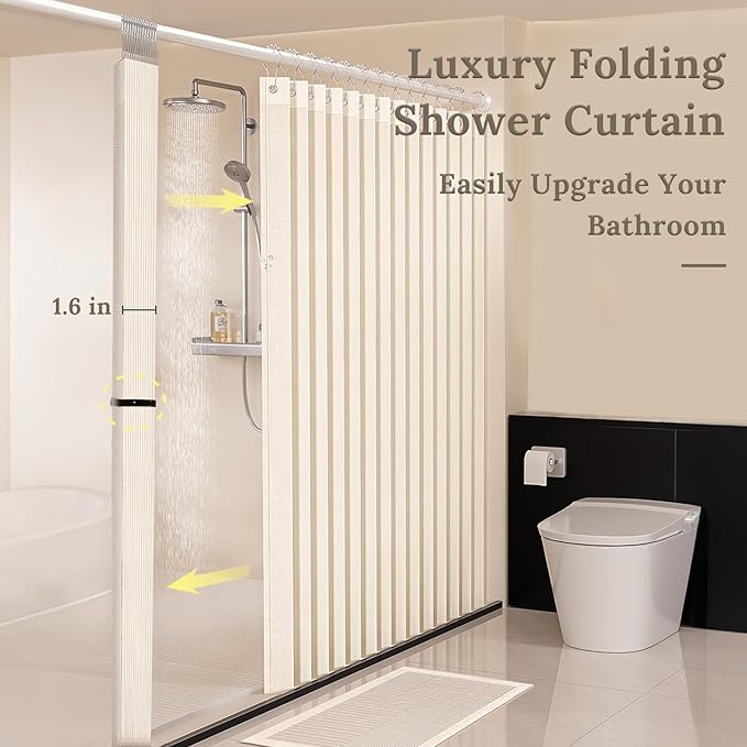 South to East Waterproof Shower Curtain, Heavy Duty Magnetic Folding Linen Shower Curtain, Non-Toxic, 72x80 Magnetic Fabric Bathroom Curtain Sets, Beige