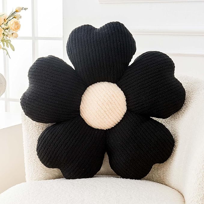 Flower Throw Pillow, Cute Flower Shaped Pillow Decorative Throw Pillow for Bed Couch, Soft Daisy Pillows Floor Seating Cushion Cushions (14.9 Inch Black)