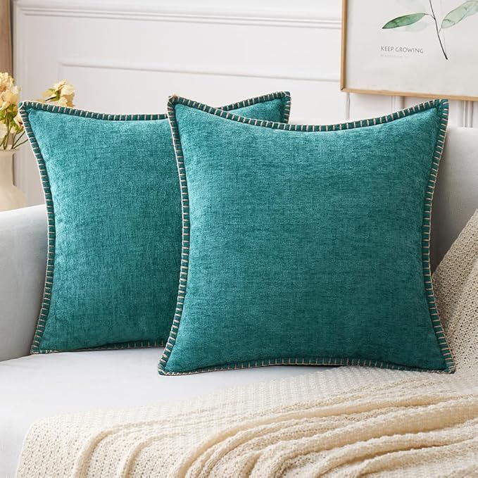MIULEE Pack of 2 Couch Throw Pillow Covers 16x16 Inch Teal Farmhouse Decorative Pillow Covers with Stitched Edge Soft Chenille Solid Dyed Spring Pillow Covers for Sofa Bed Living Room