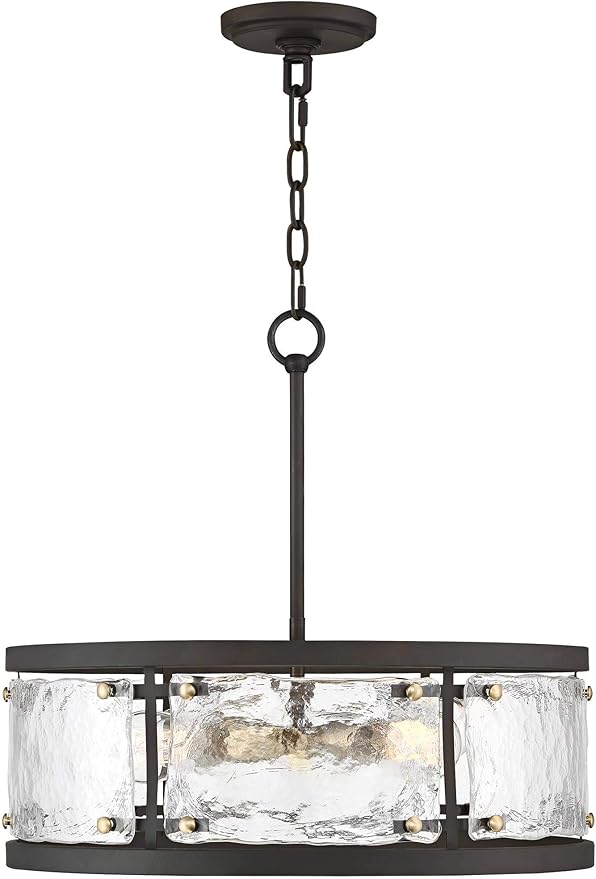 Possini Euro Design Bronze Pendant Light - 4 Light, Clear Waterglass Drum Shade, Bronze Brass Rustic Modern Pendant Light for Kitchen Islands, Dining Rooms, and Living Rooms - 19" Wide, 18 1/4" High