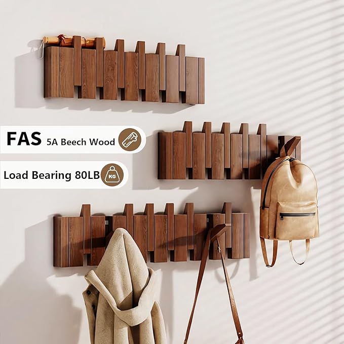 Wall Mounted Piano Key Hanger | Flip Style Hook | Entrance Wall Art Hook, Made of Oak Wood (3 Times Painted, 4 Times Polished) (Walnut, 8Hooks)