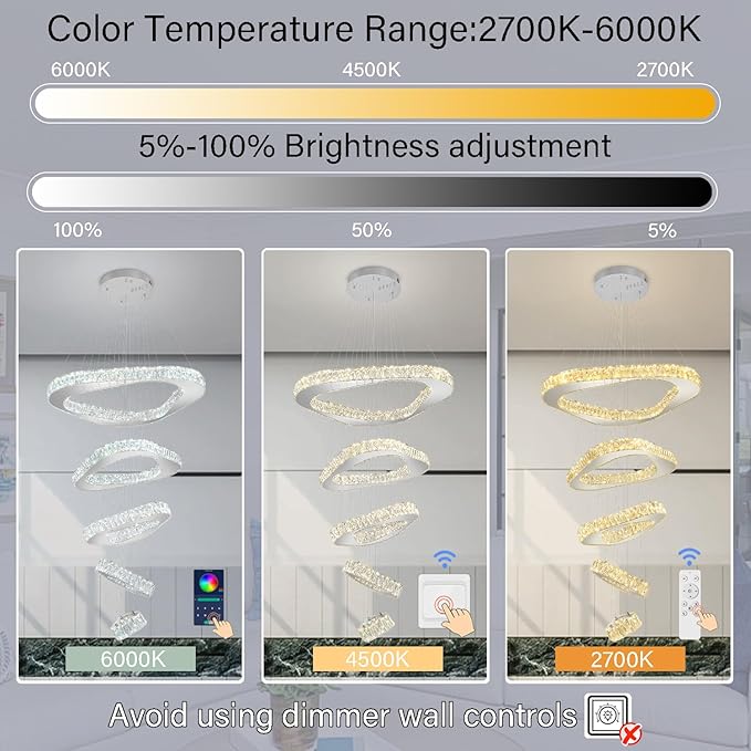 Large Modern Chandelier 5 Ring Chandeliers for High Ceiling Dimmable Chrom Chandeliers High Ceiling Foyer Chandelier for Living Room Dining Room Staircase