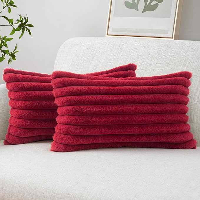 MIULEE Faux Fur Christmas Decorative Throw Pillow Covers 12x20 Inch Set of 2, Modern Spring Home Decor Soft Plush Couch Pillows Cozy Fluffy Cushion Covers for Sofa Bed Burgundy