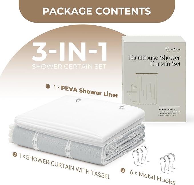 downluxe Linen Texture 3 in 1 Farmhouse Shower Curtain Set with Tassel, Boho Fabric Shower Curtains for Bathroom, Grey, 36W x 72L