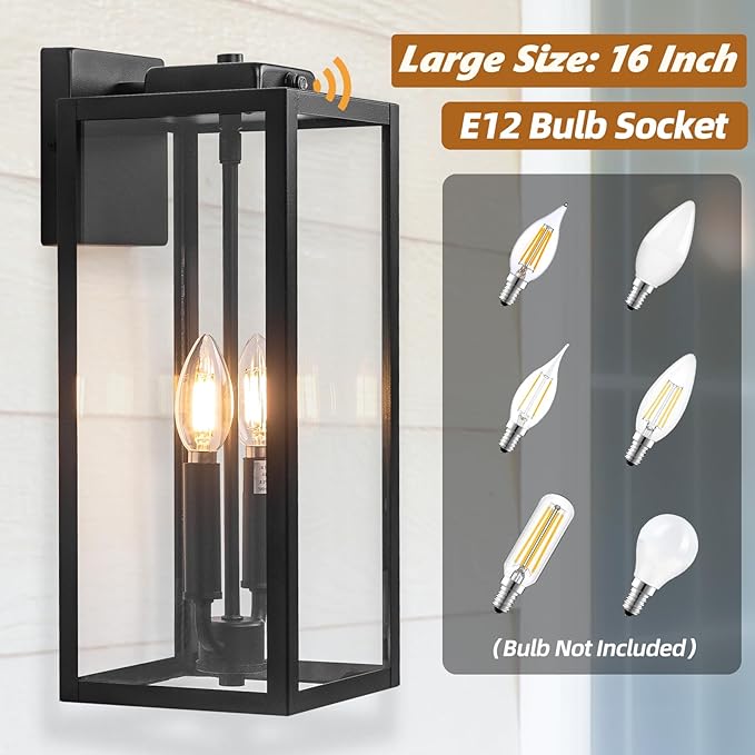 Dusk to Dawn Outdoor Light Fixture 2-Light, Large Outdoor Lantern 16” IP65 Waterproof Exterior Sconce with Photocell Sensor Outside Wall Light for House Front Porch Wall Mounted Lamp, E12