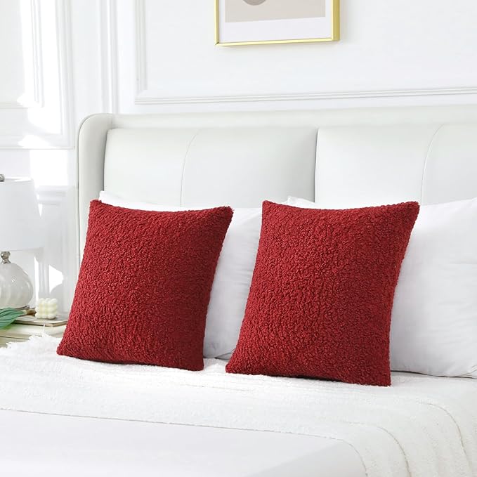 FUTEI Maroon Throw Pillow Covers 18x18 Inch Set of 2,Furry Faux Fur Teddy Boucle Textured Cushion Covers,Soft Fluffy Decorative Pillow Case,Home Decor for Couch Bed Living Room Office Car