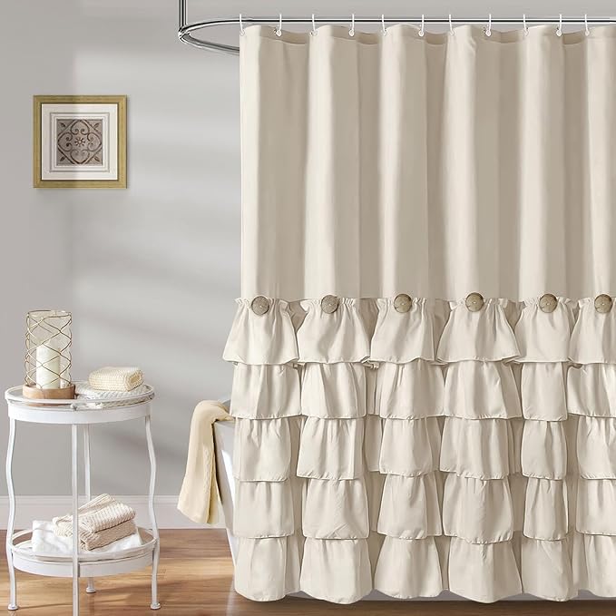 Seasonwood Beige Ruffle Shower Curtain Neutral Shower Curtain Button Design Farmhouse Country Style Rustic Decorative Fabric Shower Curtains