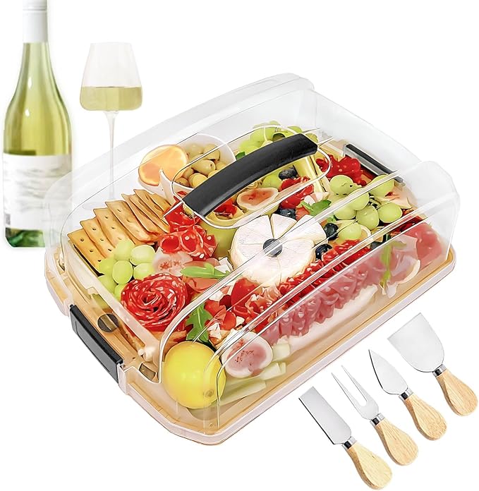 Large Portable Bamboo Charcuterie Board with Lid & Handle, Flip-to-Cut Cutting Board Set, 6 Compartments, Cheese Knives & Accessories, for Women, Bride Parties, Housewarming & Weddings