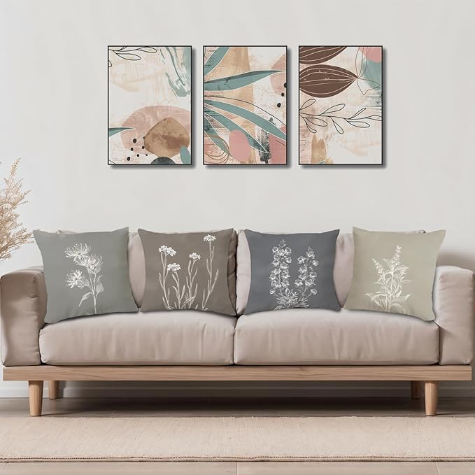 JINYO Boho Neutral Floral Pillow Covers 18x18 Set of 4, Minimalist Elegant Rustic Flower Botanical Decorative Throw Pillow Covers for Living Room Bedroom Home, Floral Flower Room Decor