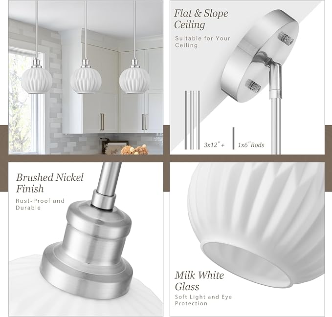 Brushed Nickel Pendant Lights Kitchen Island 2 Pack, 7.3" Milk Glass Modern Pendant Light Fixtures with Rods, Globe Hanging Lighting for Kitchen Sink Bathroom Dining Room, E26 Base