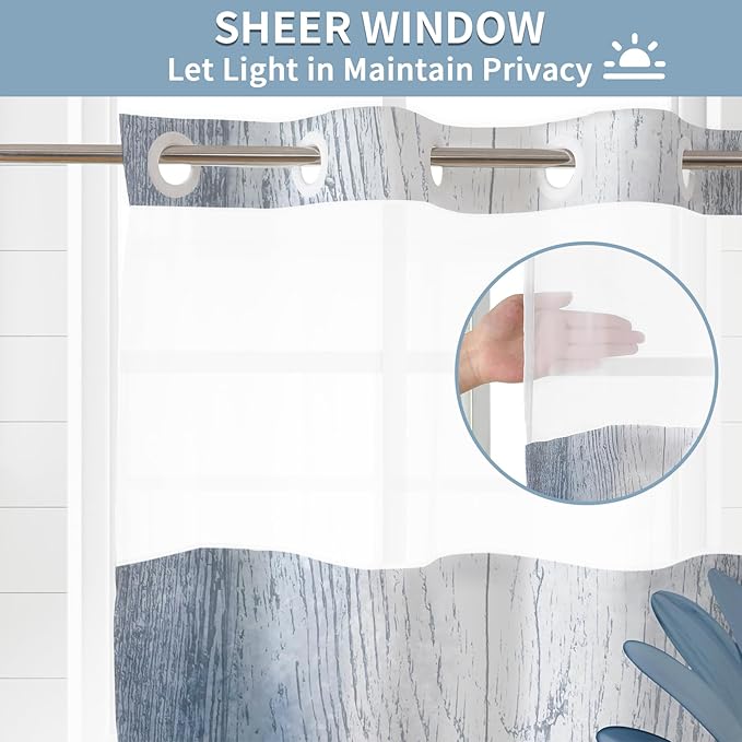 Muuyi Blue Watercolor Floral Shower Curtain,No Hook Shower Curtain,Polyester Shower Curtains with Snap in Fabric,Sheer Top Window for Bathroom Decor,Waterproof & Washable,72W x 87L Inch
