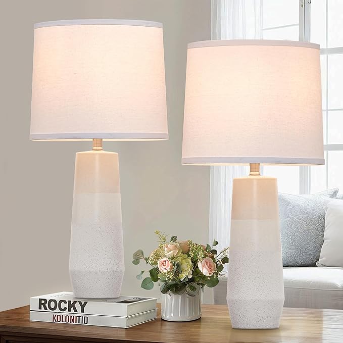 25.25" White Ceramic Table Lamps for Living Room, Ceramic White Lamps Set of 2 for Nightstand, Minimalist Beige Table Lamp Set of 2 for Bedroom, Console Reading Table Lamps