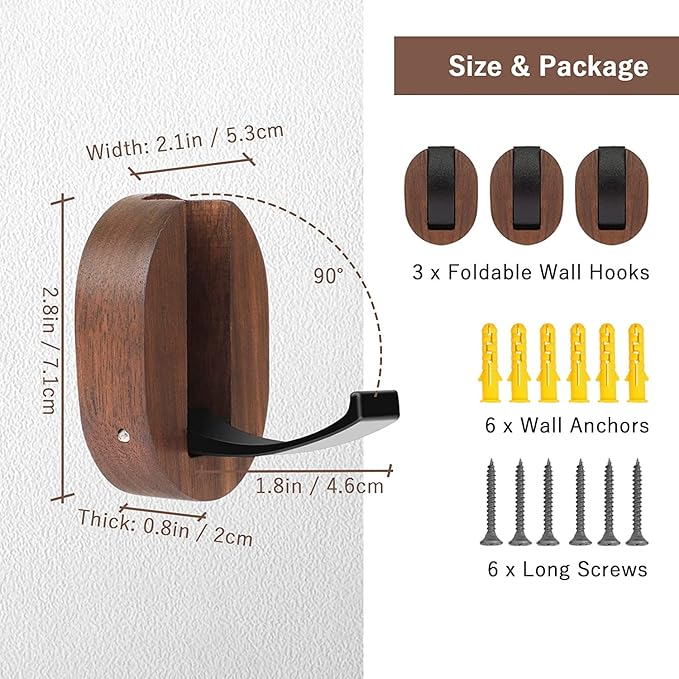 3 Pack Coat Hooks, Wood Wall Hooks Folding for Hanging Coat, Rustic Walnut Wood Hardware Heavy Duty Aluminum Alloy No Rust with Screws for Hat, Bags, Backpack, Purse Fitness Equipment