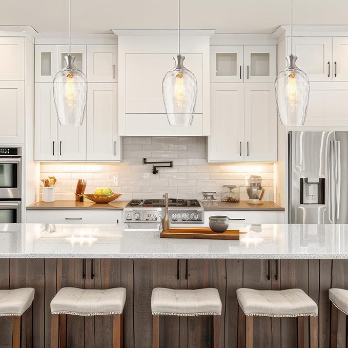Glass Pendant Lights Kitchen Island 2 Pack, Brushed Nickel Pendant Light Fixtures with Hand-Blown Clear Glass, Modern Hanging Light for Kitchen Sink Dining Room Bedroom, E26
