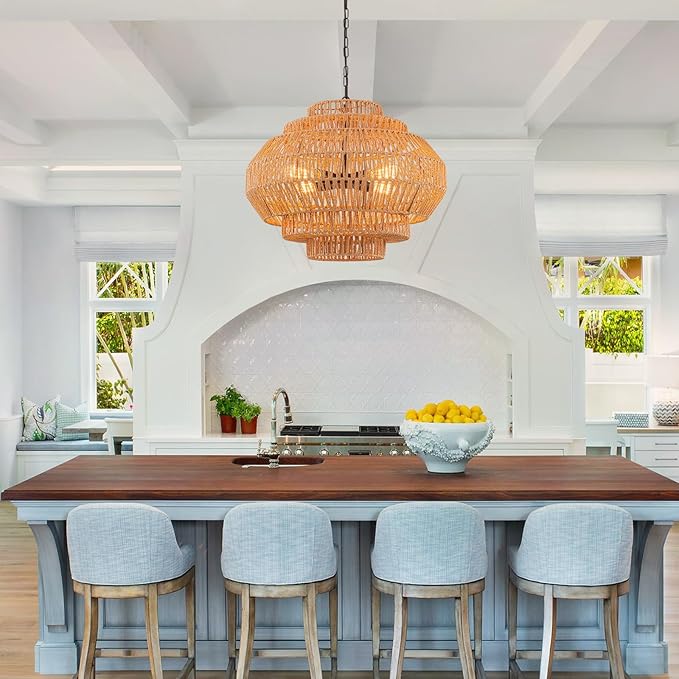 23.6-in Rattan Chandelier Boho Pendant Light Fixture Dinning Room Chandelier Boho Hanging Light Large Basket Light Woven Rattan Pendant Light for Kitchen Island Bedroom Farmhouse Living Room