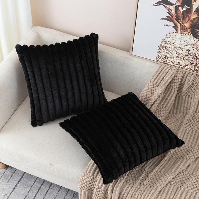 ZLINA Set of 2 Black Faux Fur Decorative Throw Pillow Covers Fluffy Striped Pillowcase Cushion Covers 22 x 22 Inch Decor Sofa Couch Bedroom