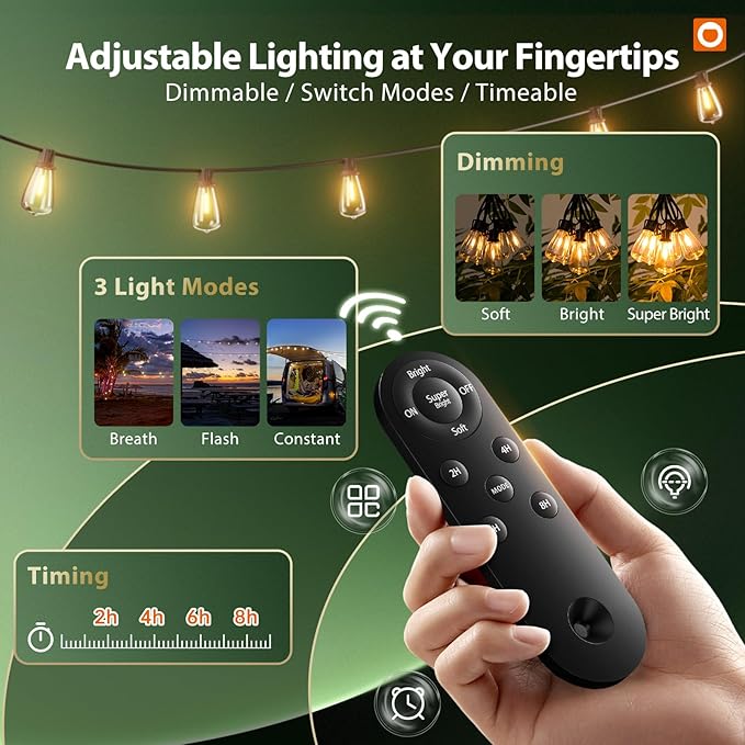 addlon 102FT(96+6) Solar String Lights Outdoor Waterproof with Remote, 30+2 LED Shatterproof Bulbs, 3 Modes, 8H Timeable & Dimmable, Solar Powered Hanging Patio Lights for Garden Backyard Porch Decor
