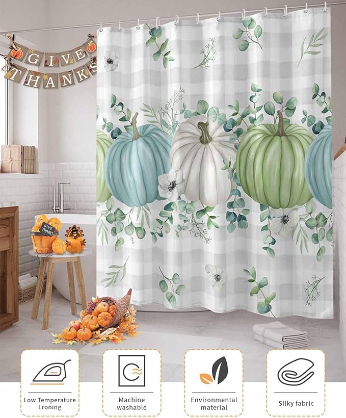 Fall Thanksgiving Shower Curtain, Autumn Pumpkins Eucalyptus Leaves Shower Curtains Set with Hooks, White Blue Green Gray Plaid Waterproof Fabric Bathroom Curtains Decor Accessories,66 X 72 Inch Long