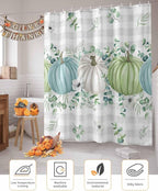 Fall Thanksgiving Shower Curtain, Autumn Pumpkins Eucalyptus Leaves Shower Curtains Set with Hooks, White Blue Green Gray Plaid Waterproof Fabric Bathroom Curtains Decor Accessories,Stall 36 X 72 Inch