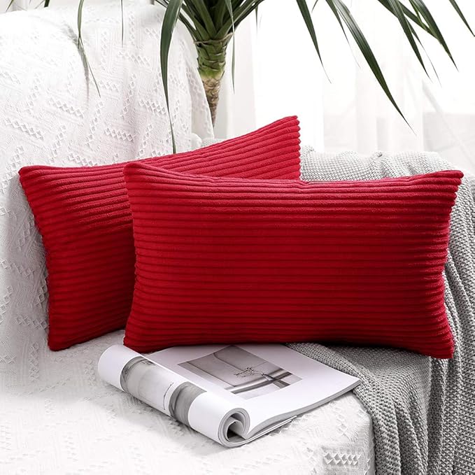 MIULEE Winter Pack of 2 Corduroy Pillow Covers 12 x 20 Inch Lumbar Christmas Throw Pillow Covers Red Pillowcases for Sofa Bedroom Couch