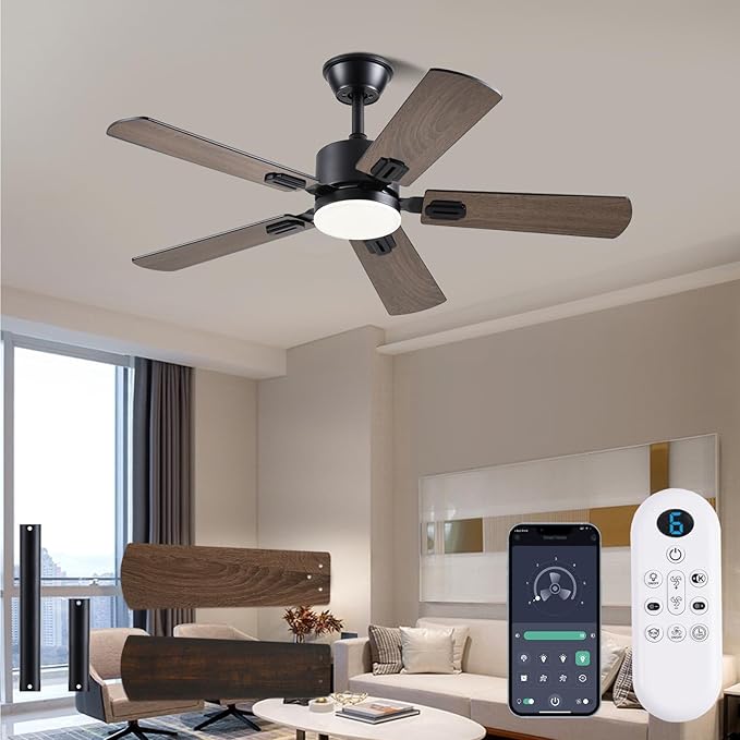 Ceiling Fans with Lights, 42 Inch Low Profile Ceiling Fan with App/Remote Control, DC Reversible Motor, Dimmable LED Ceiling Fans for Bedroom,Indoor/Outdoor Patio Use（Brown）