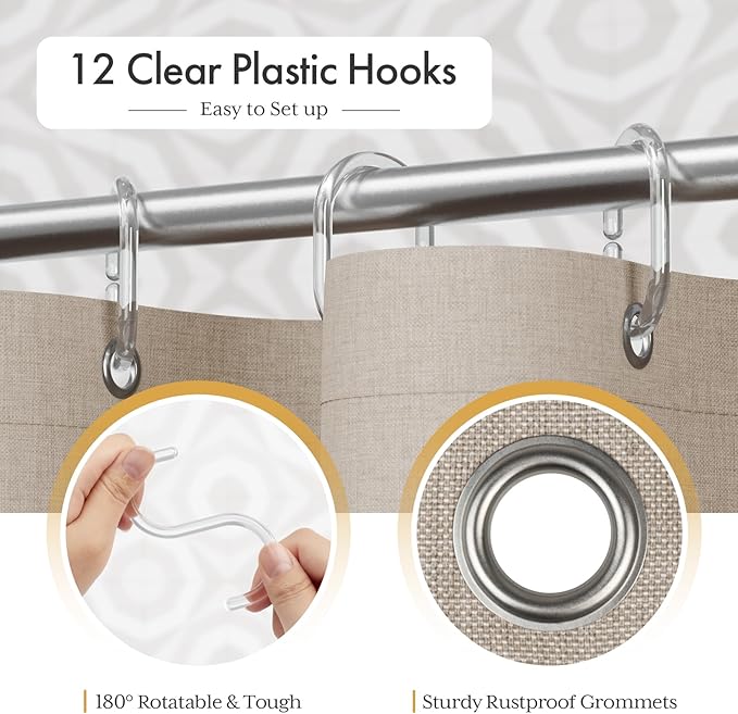 AmazerBath Farmhouse Shower Curtains for Bathroom, Tan Shower Curtain with Tassels, Taupe Rustic Faux Linen Shower Curtain Set with 12 Hooks, 72x72 Inches