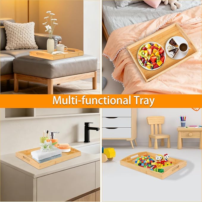 2 Pack Bamboo Serving Tray with Handles, Portable Bed Tray for Breakfast Dinner, Eating Trays for Living Room,Restaurants