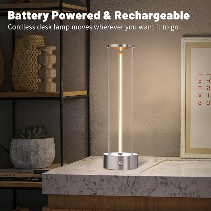 Cordless Portable LED Table Lamp， Rechargeable Battery Operated Desk Lamp with Touch Sensor, Three-Level Dimmable Suitable for Bars/Cafes/Restaurants/Bedrooms/Camping Sites. (Silver)