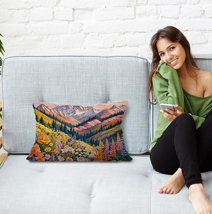 JINYO Boho Floral Mountain Pillow Covers 12x20 inch,Abstract Mountain Floral Pillow Cover Colorful Spring Wildflowers Decorative Pillow Covers for Home Bedroom Living Room Office Decor