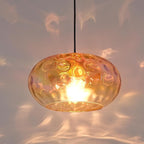Amber Glass Pendant Lighting, 11" Hammered Lampshade Hanging Lamp, 1-Light Brass Gold Chandelier for Dining Living Room Kitchen Island