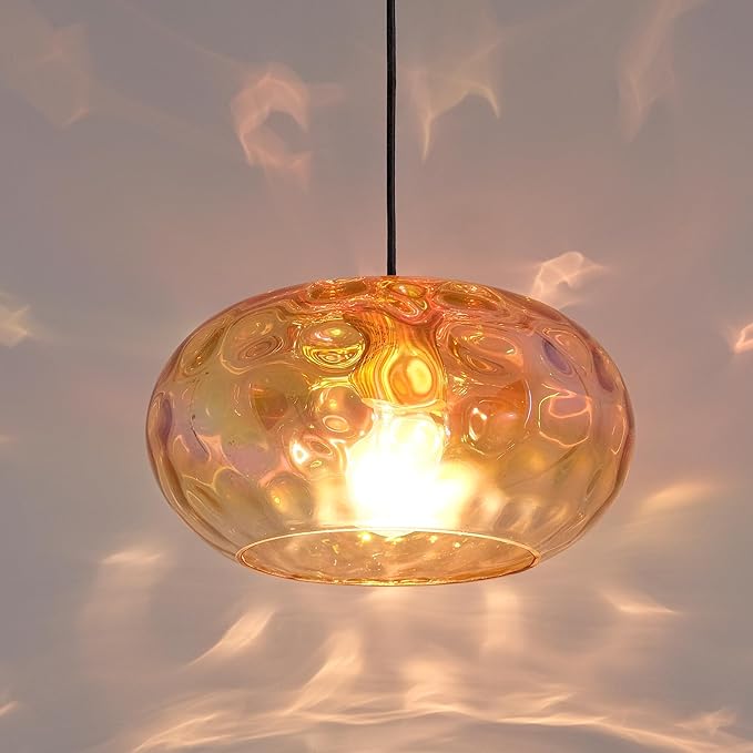 Amber Glass Pendant Lighting, 11" Hammered Lampshade Hanging Lamp, 1-Light Brass Gold Chandelier for Dining Living Room Kitchen Island