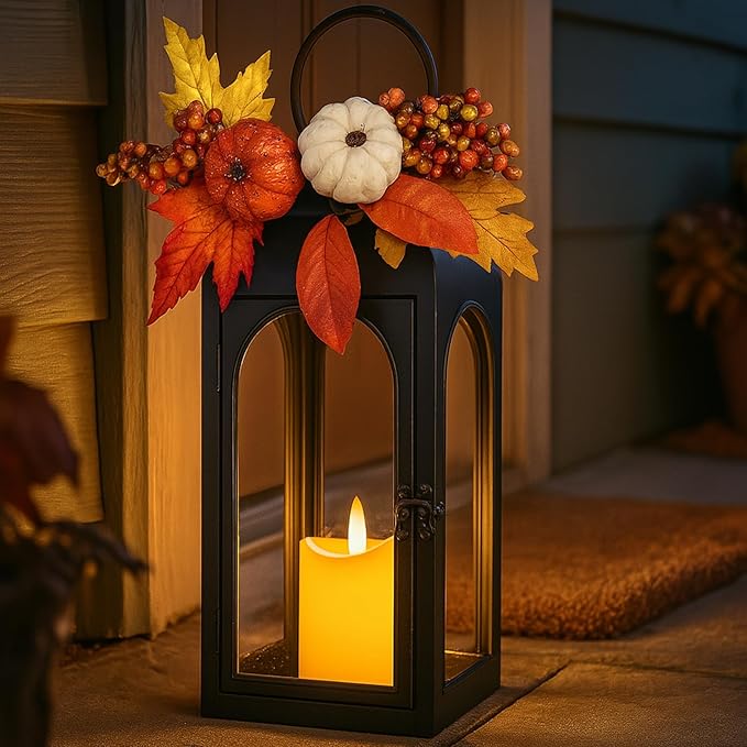 BDOR 2 Pack Fall Lanterns Decor with LED Candle – 16" Stainless Steel & Tempered Glass Lanterns with Harvest Pumpkin Maple Leaf – Premium Thanksgiving Centerpiece for Indoor Outdoor Use