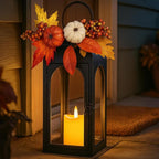 BDOR 2 Pack Fall Lanterns Decor with LED Candle – 16" Stainless Steel & Tempered Glass Lanterns with Harvest Pumpkin Maple Leaf – Premium Thanksgiving Centerpiece for Indoor Outdoor Use