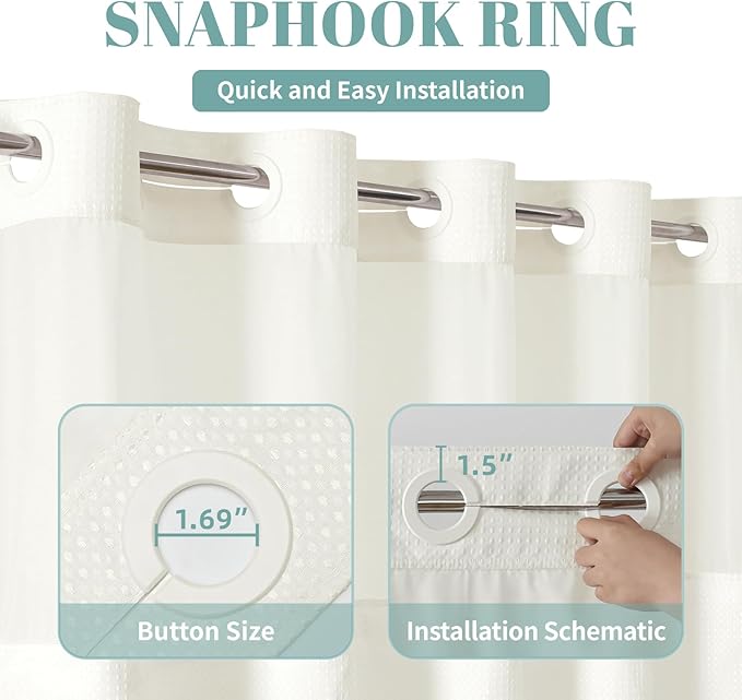 Cream Extra Long No Hook Waffle Weave Shower Curtain with snap-in Liner Replacement, 230GSM Waterproof Fabric Hotel Shower Curtain Set for Bathroom, Through Mesh Top Window,71Wx86H