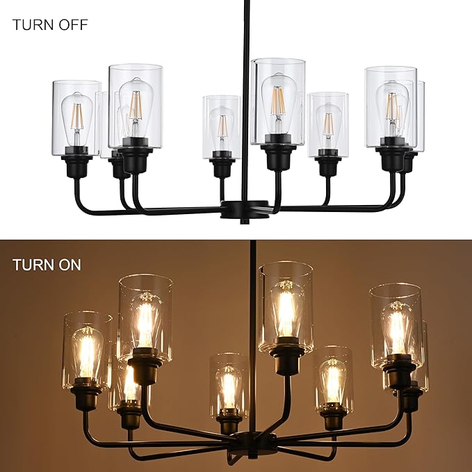 8-Light Modern Black Chandelier with Clear Glass Shades, E26 Base Farmhouse Pendant Light Fixture, Adjustable Swivel Heads Ceiling Lighting, Industrial Chandelier for Dining Room Kitchen Hallway