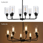 8-Light Modern Black Chandelier with Clear Glass Shades, E26 Base Farmhouse Pendant Light Fixture, Adjustable Swivel Heads Ceiling Lighting, Industrial Chandelier for Dining Room Kitchen Hallway