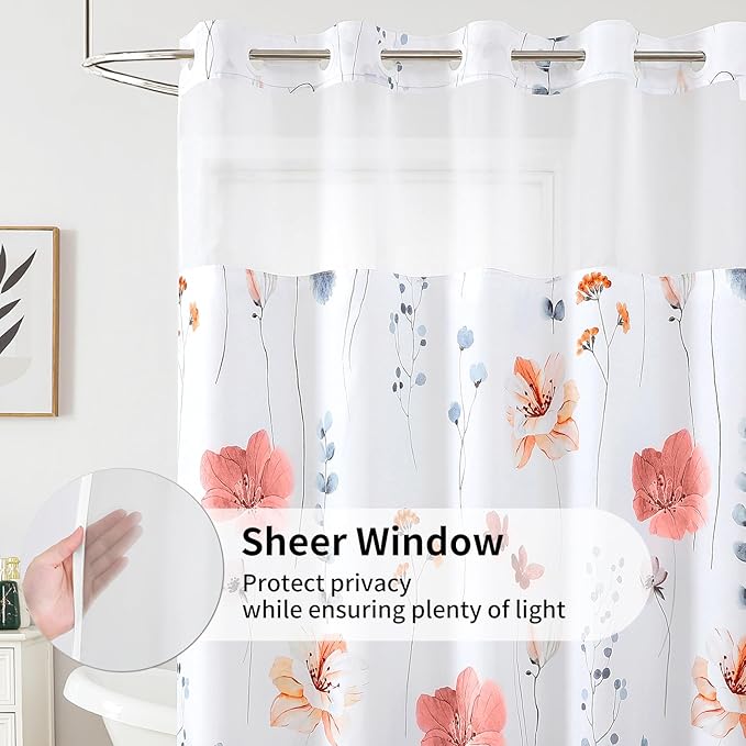 QiyI Flower Shower Curtain with Snap in Liner, Pink Watercolor Floral Cloth for Bathroom, No Hook Shower Curtains with Mesh Top Window, Fabric Waterproof Bathroom Set, 72 x 75 Inch