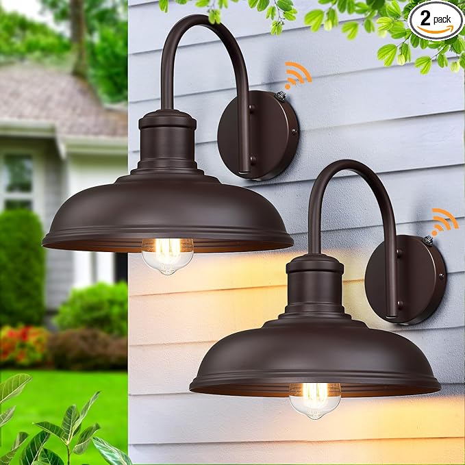 12'' Dusk to Dawn Outdoor Gooseneck Barn Light, 2-Pack Farmhouse Exterior Wall Mount Light Fixture - Industrial Brown for Porch, Entryway, Garage