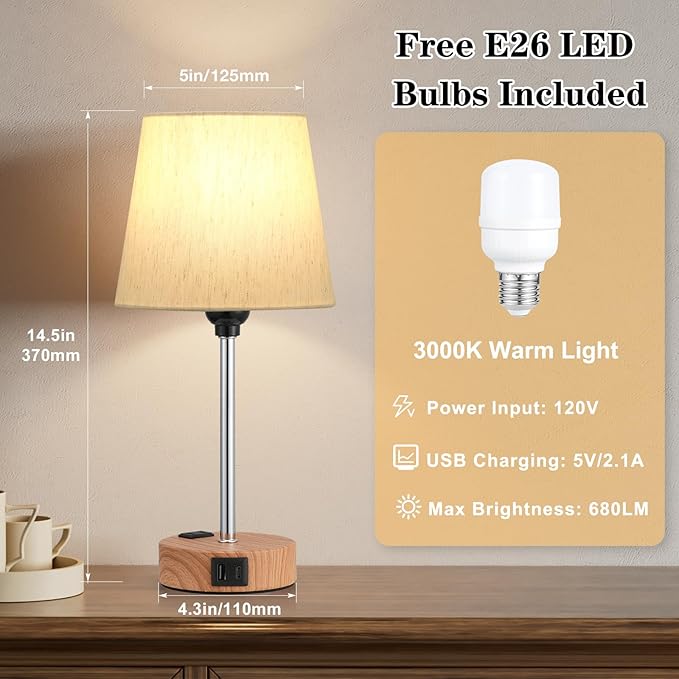 Bedside Lamps for bedrooms Set of 2 - Nightstand Bedroom Lamp with USB C Port and AC Outlet Charging, 3 Way Dimmable Touch Control Small Bed Side Table Lamp, Nightstand Light for Kids
