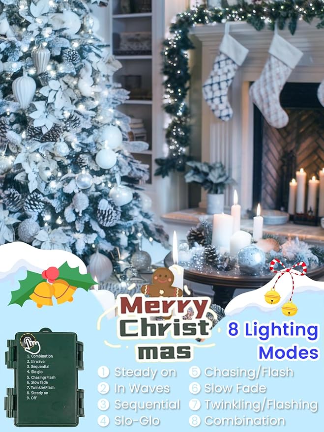 2 Pack Battery Operated Christmas Lights with Timer, 66FT 200 LED Waterproof Battery Twinkle Light, 8 Modes Green Wire Fairy Lights for Indoor & Outdoor Bedroom Tree Christmas Decorations (Cool White)