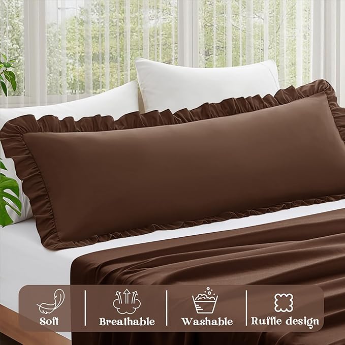 KKJIAF Ruffle Body Pillow Cases Set of 1, Ruffled Pillow Covers with Envelope Closure, Wrinkle Resistant Ruffled Long Pillow Shams 20" x 54", Brown
