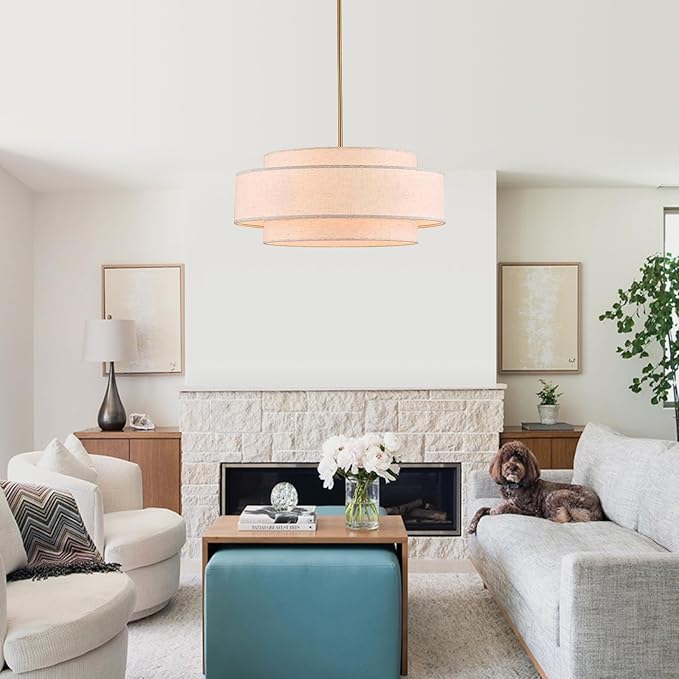Modern 23.6" Large Drum Chandelier 6-Lights Vintage Modern Chandelier Light Fixture with Linen Shade Retro Farmhouse Drum Chandeliers for Dining Room, Kitchen Island, Living Room, Bedroom